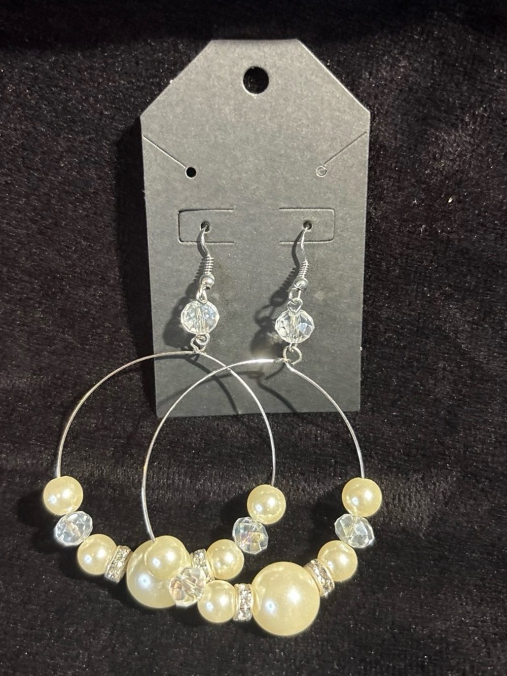 Faux Pearl & Crystal Hoop Dangle Earrings OS Silver Cream Glam NWT